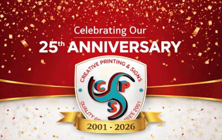 Creative Printing and Signs 25 Year Anniversary Banner. The Logos are imposed on a red background with gold confetti coming down in celebration