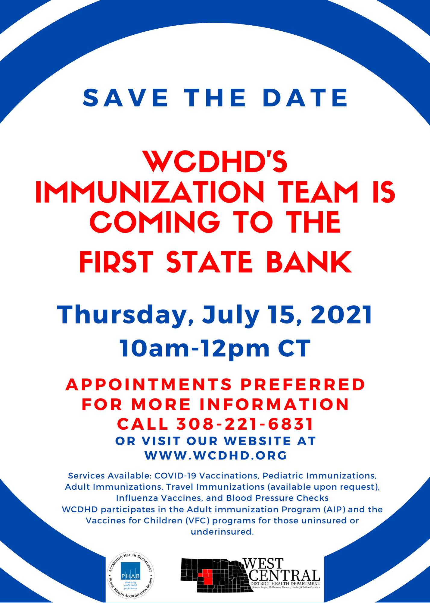 WCDHD's Immunication Team is coming to the First State Bank