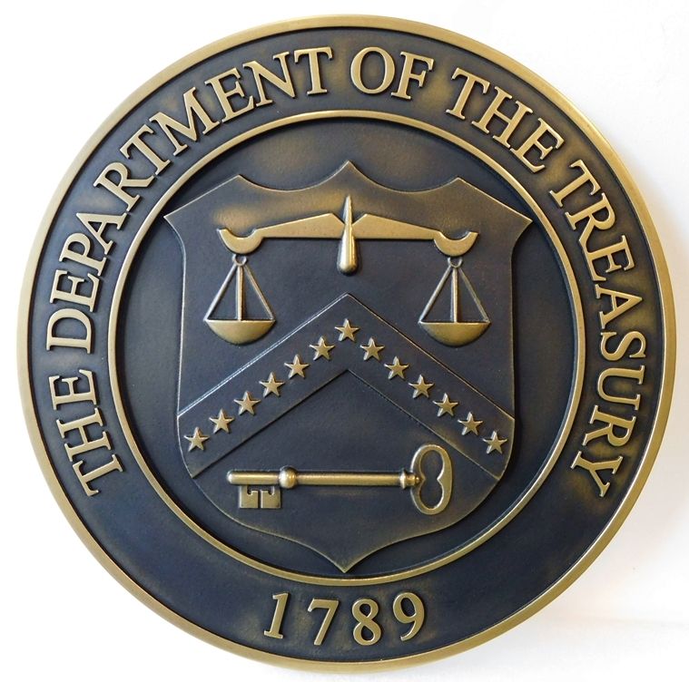 AP-4680 - Carved Plaque of the Seal of the Department of the Treasury, 3-D Bronze Plated