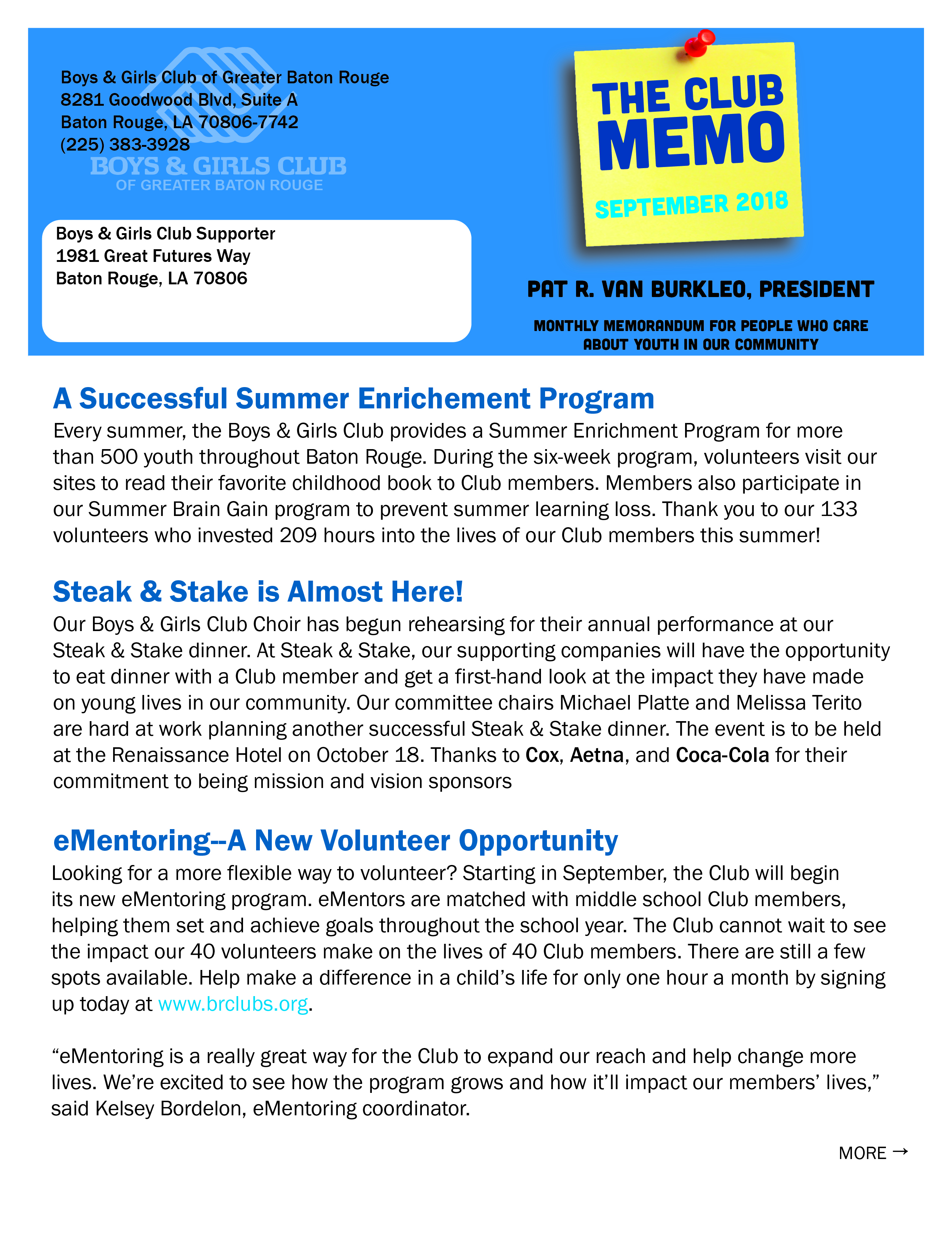September 2018 Club Memo