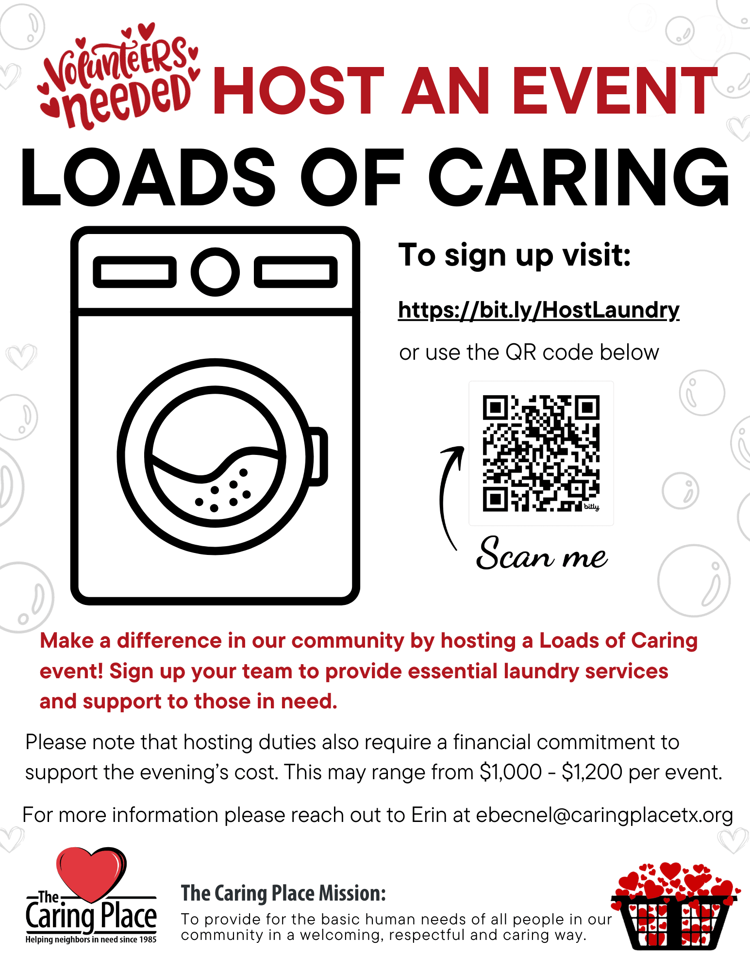 Host a night of free laundry for community members. To register as a host of the event visit our sign up page at https://bit.ly/HostLaundry
