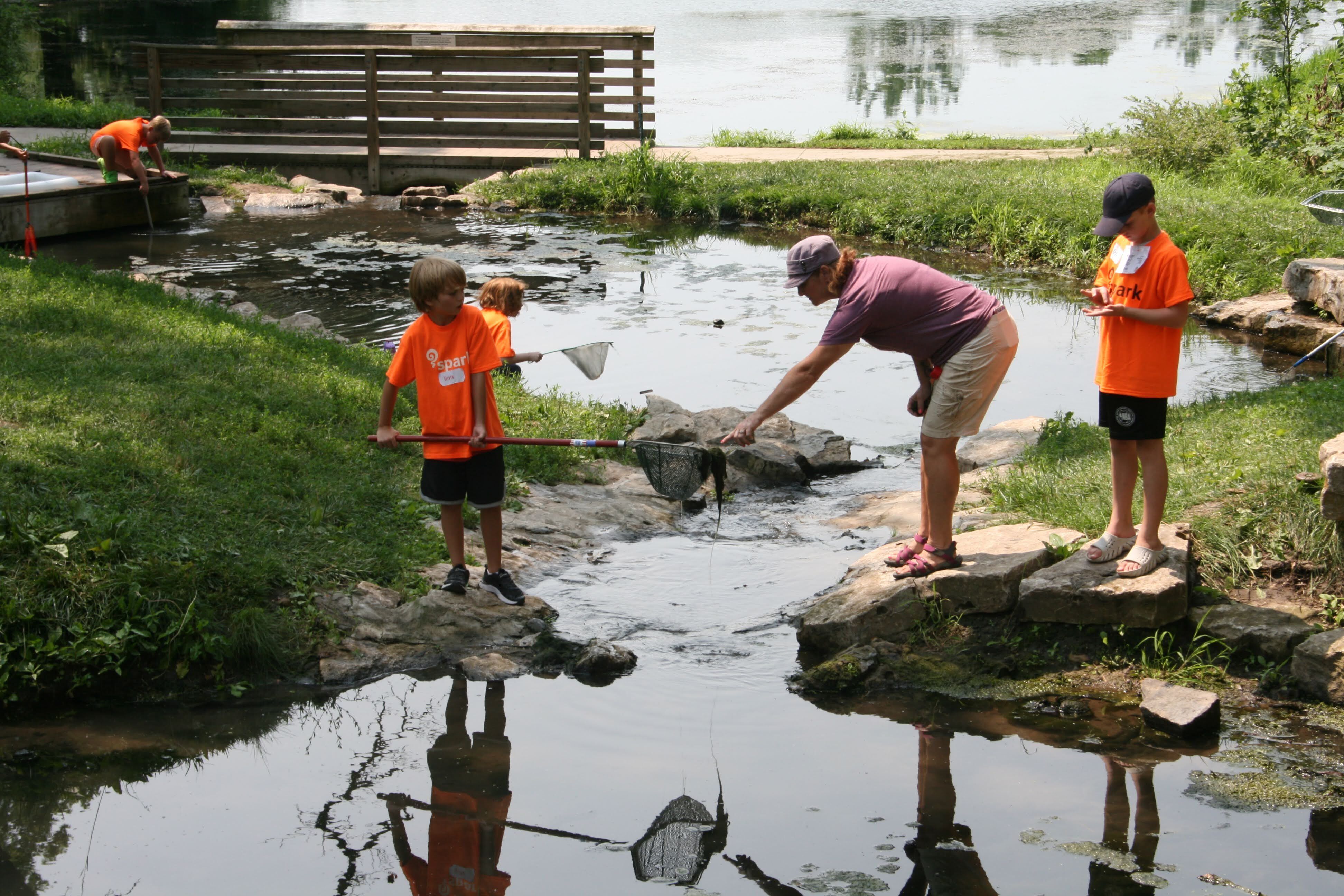 Four children in orange shirts and one woman in a pink shirt looking into and exploring a pond.