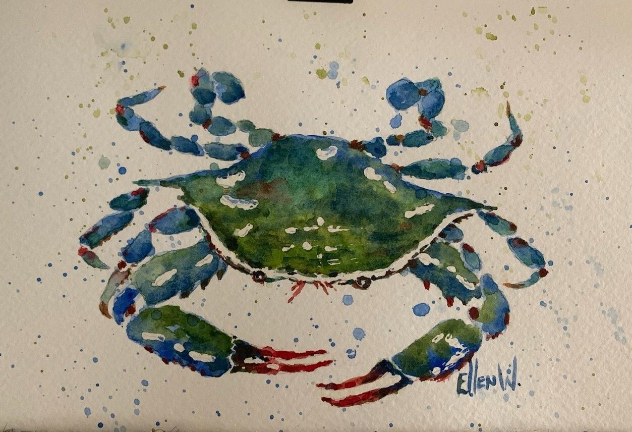 Soft water color painting of a blue crab with claws at the bottom of the page