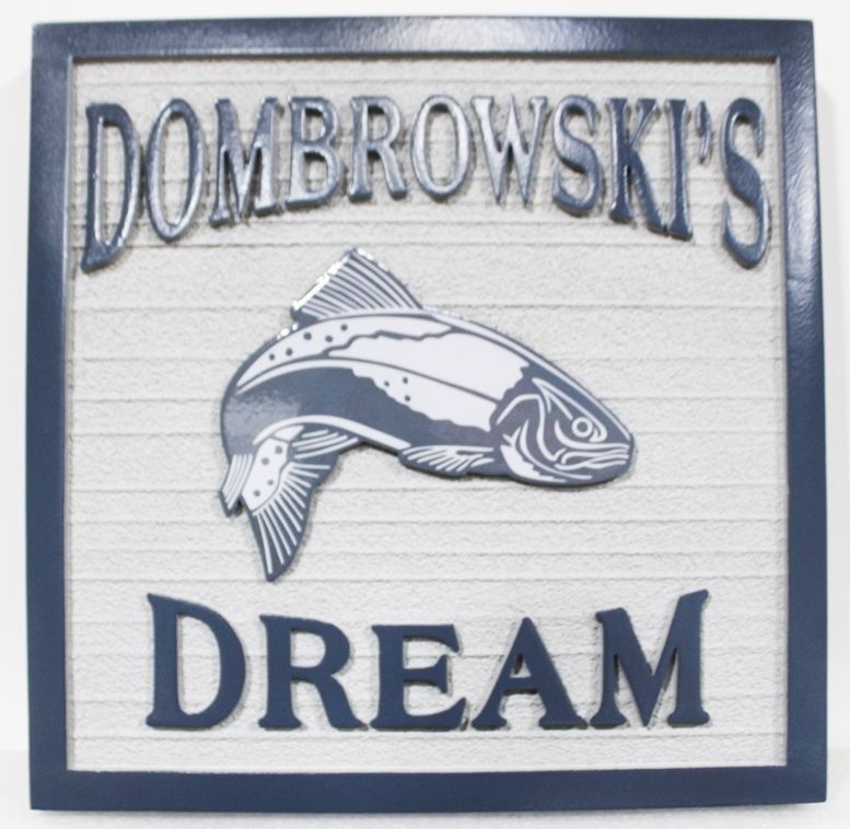 M22565 - Carved 2.5-D   HDU Sign "Dombrowski's Dream"., featuring a  Leaping Fish as Artwork