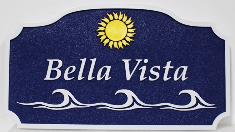 L21169 - Carved HDU Property Name and Address Sign "Bella Vista"  for Beach House with Sun and Stylized Waves as Artwork 