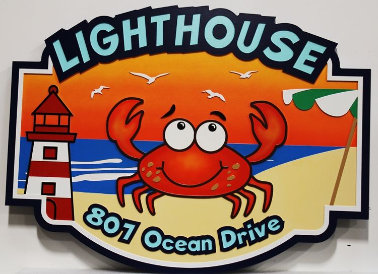 L21438 -  Carved 2.5D Relief  HDU Sign "Lighthouse", with a Cartoon Crab and Lighthouse as Artwork,