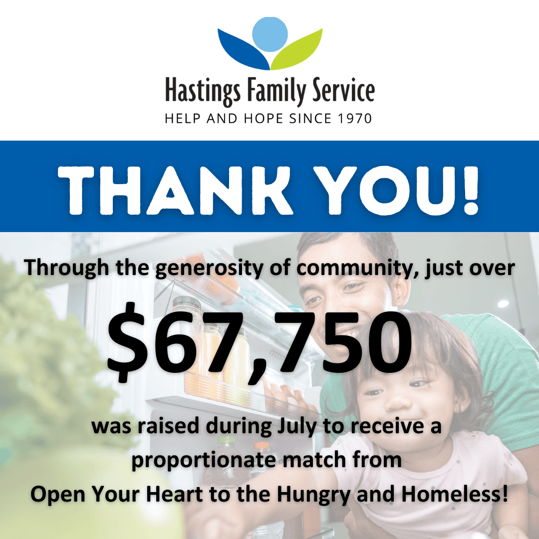 HFS logo and in large letters thank you, with text through the generosity of community just over $67,750 was raised during July to receive a proportionate match from Open Your Heart to the Hungry and Homeless, photo of man with child peering into fridge.