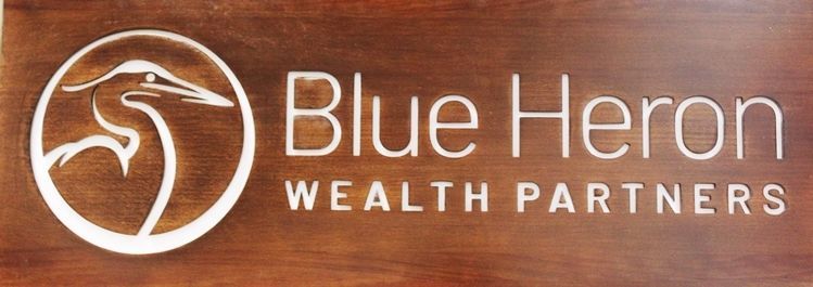 C12033 - Carved and Engraved African Mahogany Sign  for  "Blue Heron - Wealth Partners" 