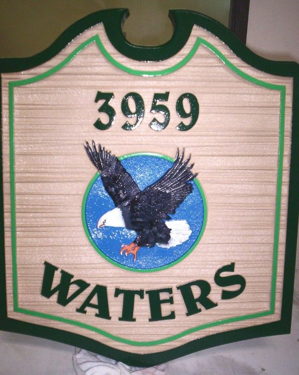 I18507 - 3-D Carved and Sandblasted Proerty Name and Address Sign, with Bald Eagle in Flight