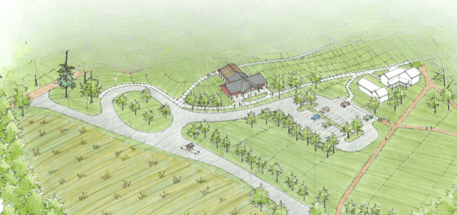 The new Gathering Center at Historic Charlton Park is drawn on a large green field with parking, sidewalks, and accessible spaces.