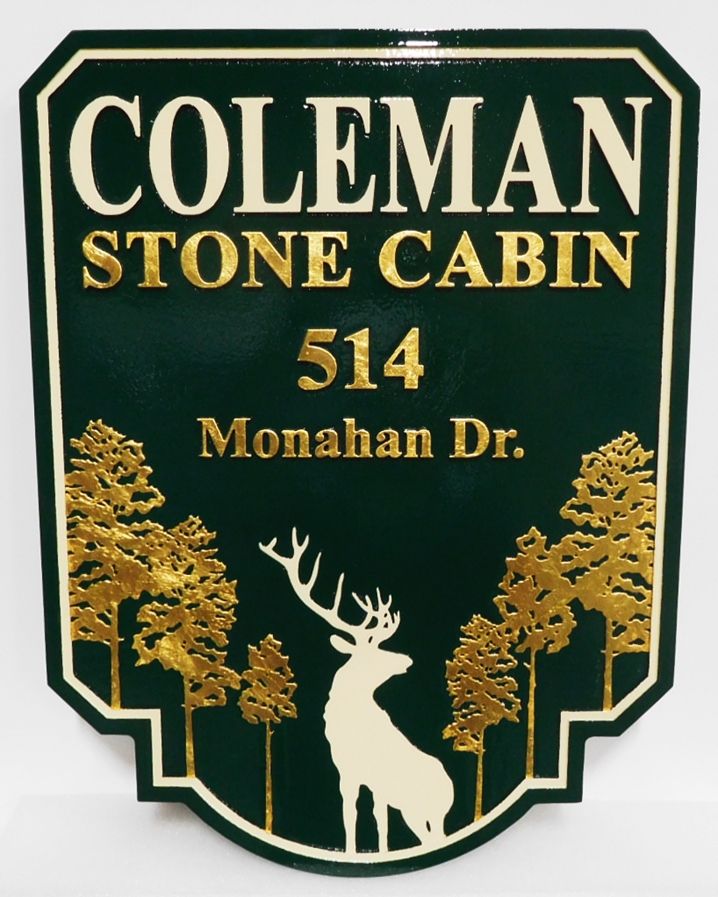 M22604 -  Stone Cabin Sign with Bull  Elk and Trees, 2.5D with 24K Gold Leaf Gilding