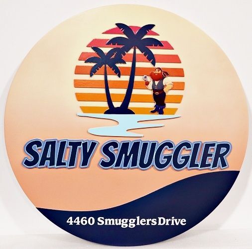 L21123 - Carved Raised Relief Beach House Property Name and Address Sign "Salty Smuggler" with Ocean, Beach, Sunset, Pirate, and Palm Trees
