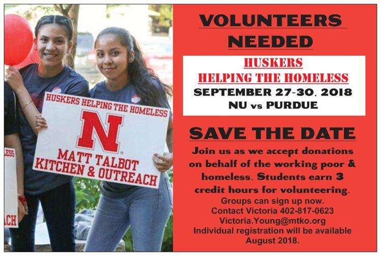 Save the Date for Huskers Helping the Homeless: September 27-30, 2018