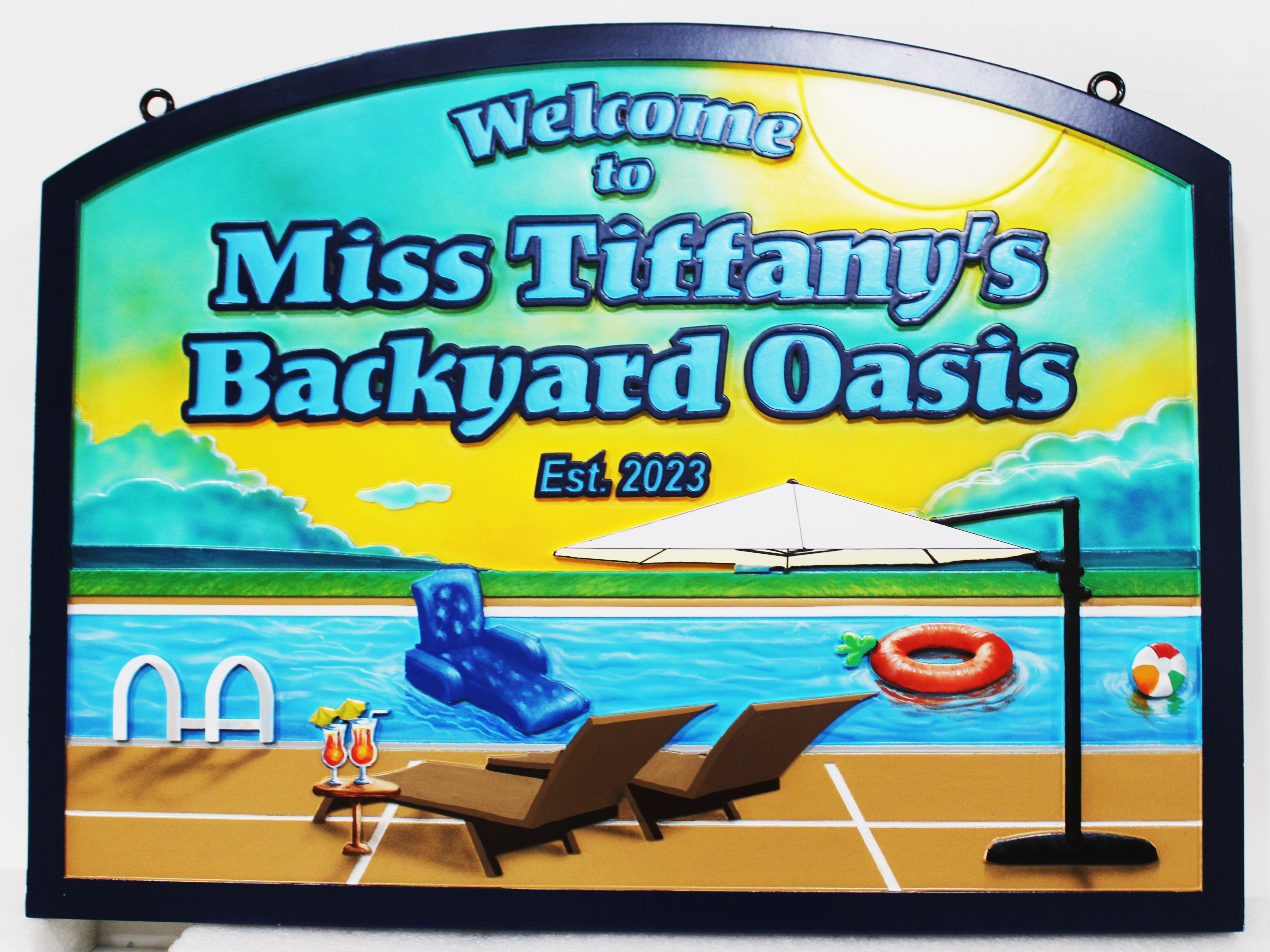 I18753A  -  Carved HDU Property Name  Sign for "Miss Tiffany's Backyard Oasis"., with a Poolside Scene as Artwork