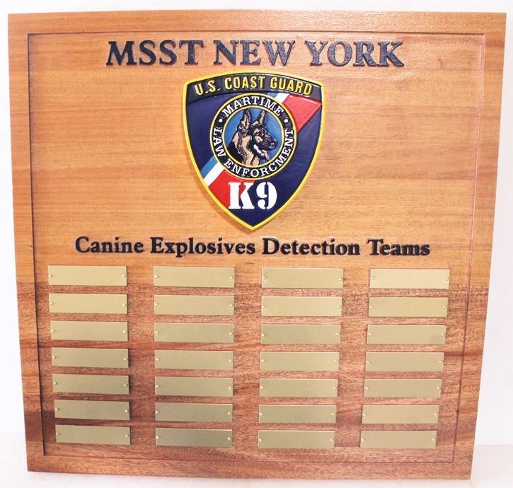 PP-3447 - Carved Mahogany Wood Team Member Board for  Coast Guard MSST New York Canine (K-9) Explosive Detection Unit 