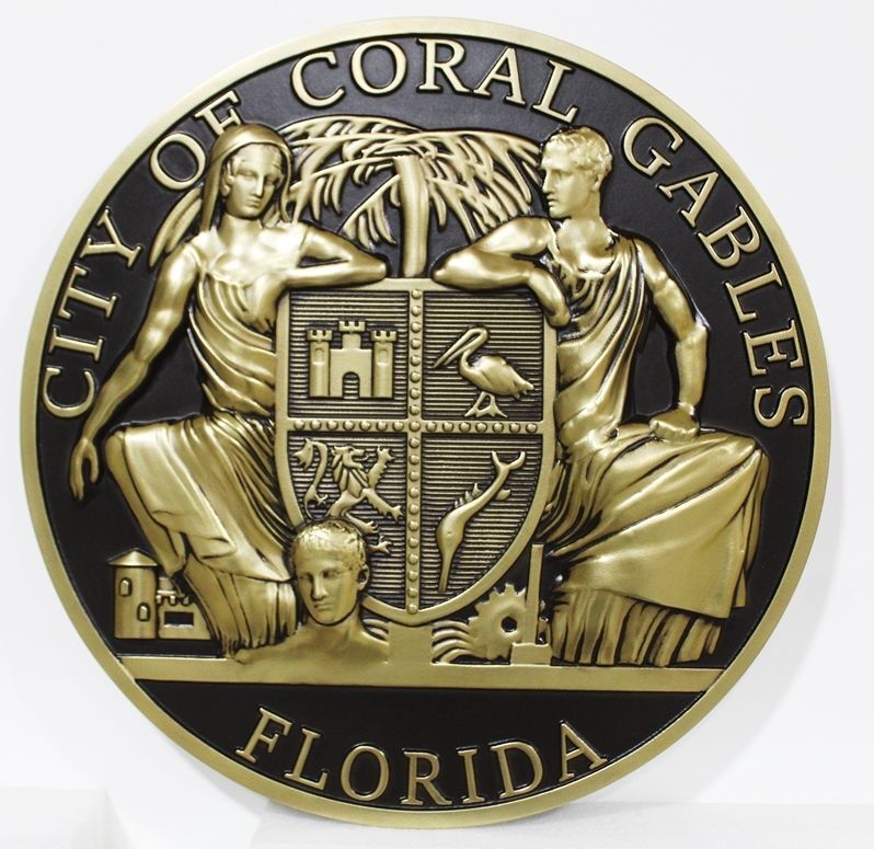 DP-1336 - Carved 3-D Bas-Relief HDU Plaque of the Seal of the City of Coral Gables, Florida,  Brass Plated 