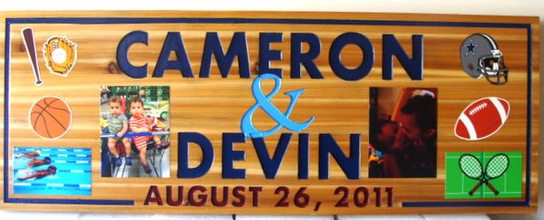 N23004 - Cedar Wall Plaque with Photos and Illustrations (Printed Vinyl Appliques), "Cameron and Devin"