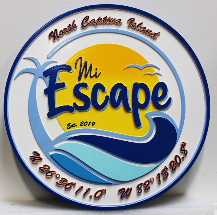 L21179 - Carved  HDU  Beach House Name Sign "Mi Escape", 2.5-D Artist-Painted with Stylized Surf, Palm Tree, Seagulls and Setting Sun as Artwork