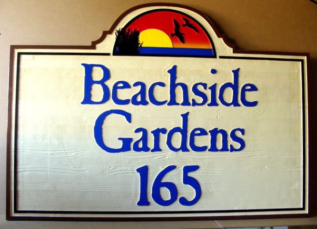 K20182 - Carved Western Red Cedar Wood  Address Sign for the "Beachside Gardens" Private Residential Community, with Scene of Sunset and Seagulls in Flight
