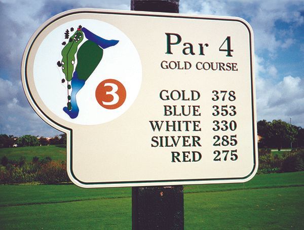M9120 -Engraved White & Black Color-Core High-Density Polyethylene (HDPE) Golf Course Tee Sign, with Multi-Color Epoxy Resin Filled Artwork