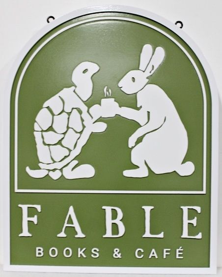 SA28765 - Carved and Sandblasted HDU Sign for "Fable Books and Cafe" with Turtle and Rabbit for Artwork