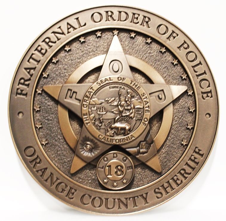 PP-1766 -  Carved 3-D Bronze-Plated HDU Plaque of the Emblem  of the Fraternal Order of Police, Orange County Sheriff