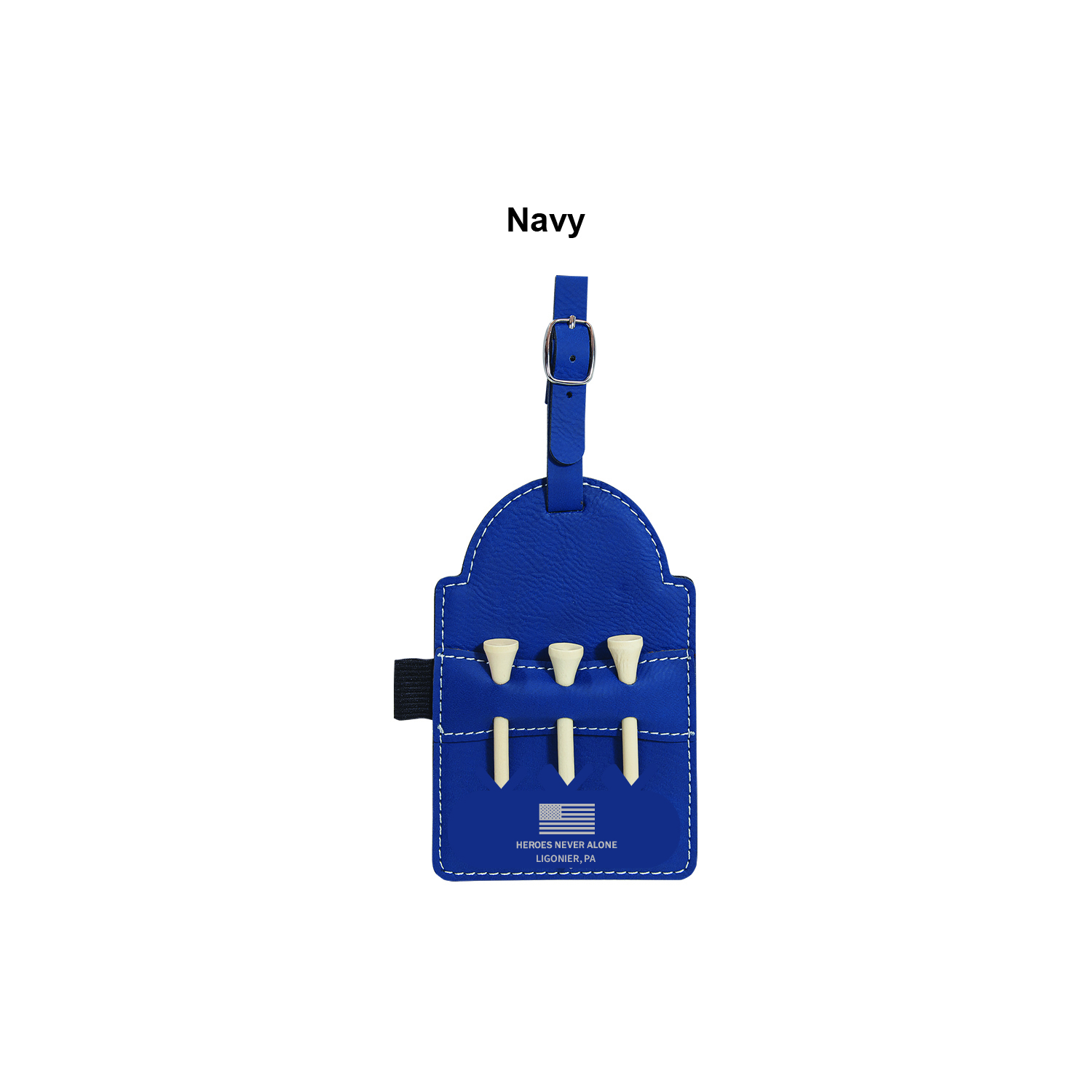 Navy Laserable Leatherette Golf Bag Tag with 3 Wooden Tees