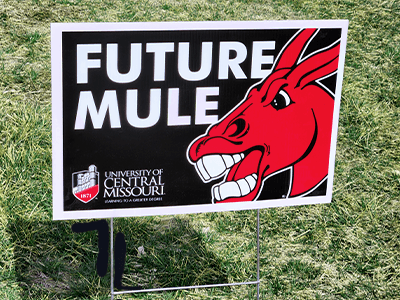 Full-color "Future Mule" yards sign printed for the University of Central Missouri.