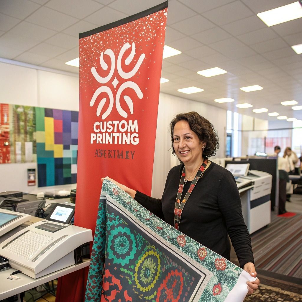 A woman standing in a print shop holding a colorful printed banner, next to a red sign that reads “Custom Printing.” Printers and design samples are visible in the background.