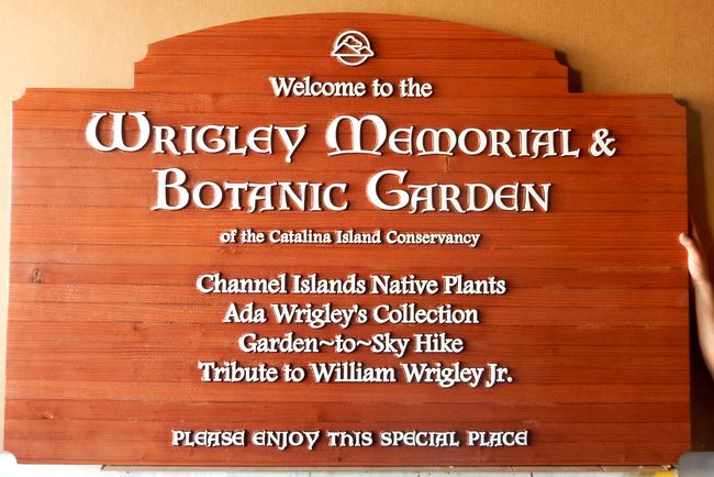 GA16448 - Carved Redwood Sign for Wrigley Memorial Park and Botanic Garden, at  the Catalina Island Conservancy