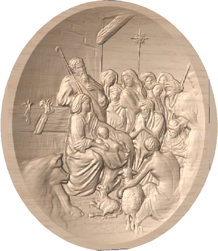 D13352 - Carved Alder Wood Bas-Relief Plaque of Nativity Manger Scene