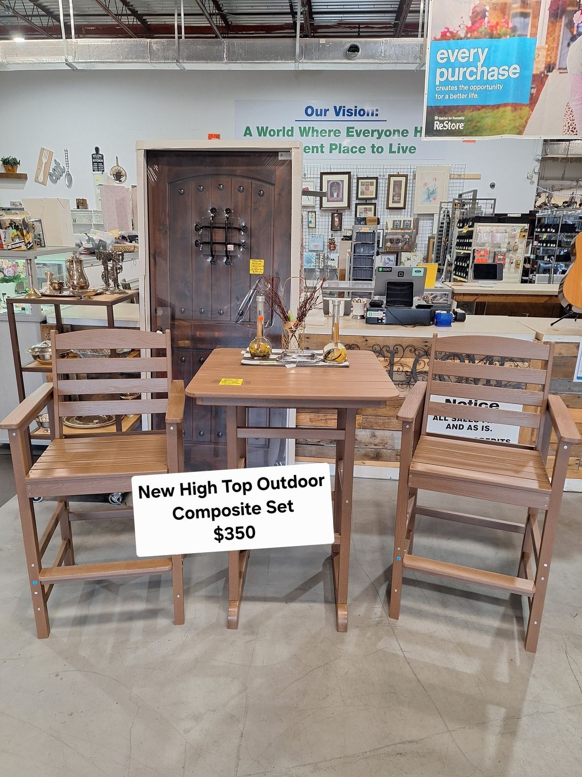 New high-top outdoor composite table and chair set for patio or backyard available at Habitat ReStore Zephyrhills – $350