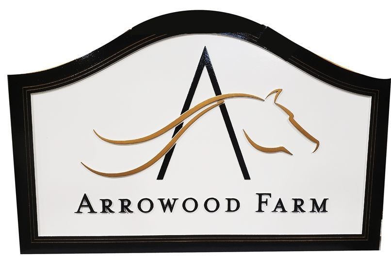 P25101 - Carved 2.5-D Raised Relief HDU Entrance Sign for Arrowood Farm, with a Stylized Head of a Horse as Artwork