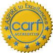 CARF Accreditation logo, gold with 'ASPIRE to Excellence' across the top 
