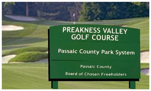 M4856 - Two Back-mounted 4 " x 4" Cedar Wood  Posts  Supporting a Preakness Valley Golf Course Sign.