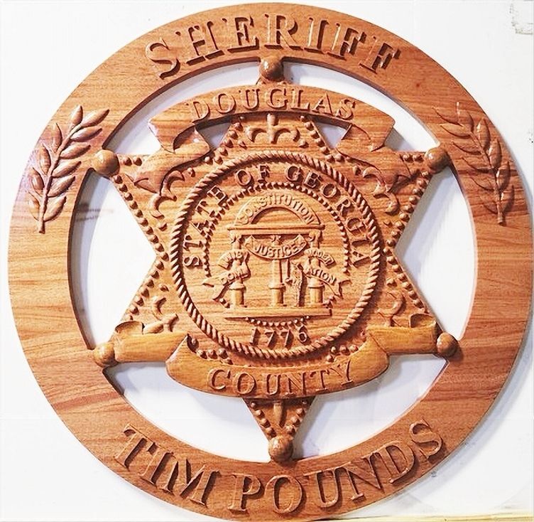 PP-1625 - Carv3d 3-D Bas-Relief Mahogany Wall Plaque of the Badge of  the Sheriff , Douglas County, Georgia
