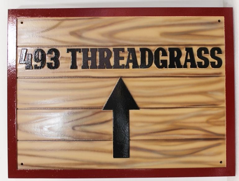 I18970 - Carved Faux Wood  Address Directional Sign for the "493 Threadgrass"  Residence