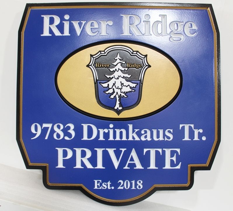 I18318A -  Carved HDU Entrance Sign for the "River Ridge" Residence, with a Fir Tree as Artwork 