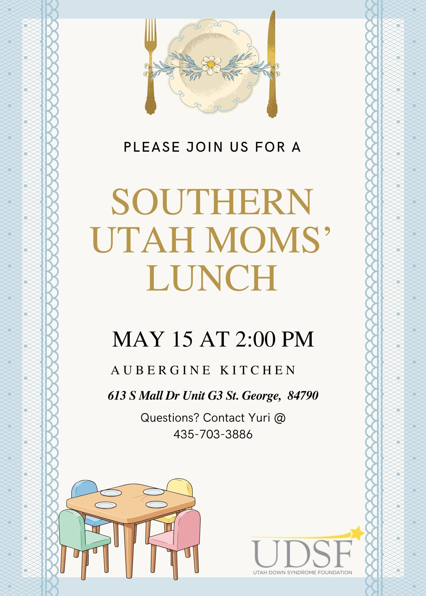 Invitation with lace and 4 chairs at a table. Inviting you to Moms' Mental Health Lunch 