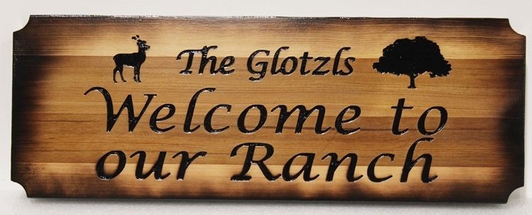 O24939 - Rustic Engraved and Scorched Rustic  Western Red Cedar Wood   Sign   "The Glotzls - Welcome to our Ranch" , with a Deer and Trees as Artwork