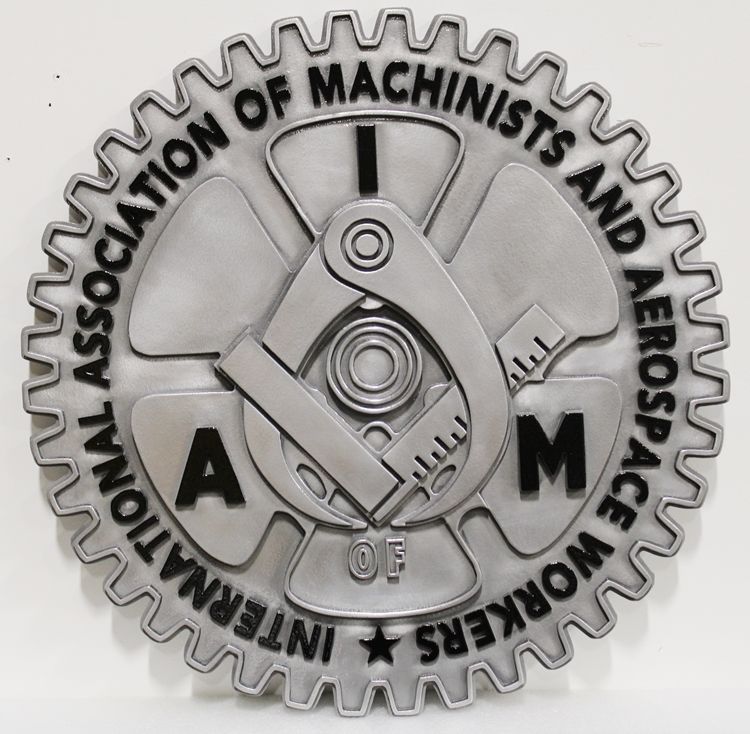 SA28516 - Carved Multi-Level Raised Relief  Wall Plaque  for the International Association of Machinists and Aerospace Workers(IAM) with  Calipers & Gear Wheel as Artwork