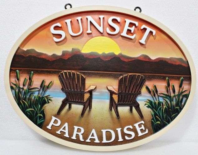 L21238A - Carved 2.5-D Multi-level HDU Beach Home Sign "Sunset Paradise" with Artwork