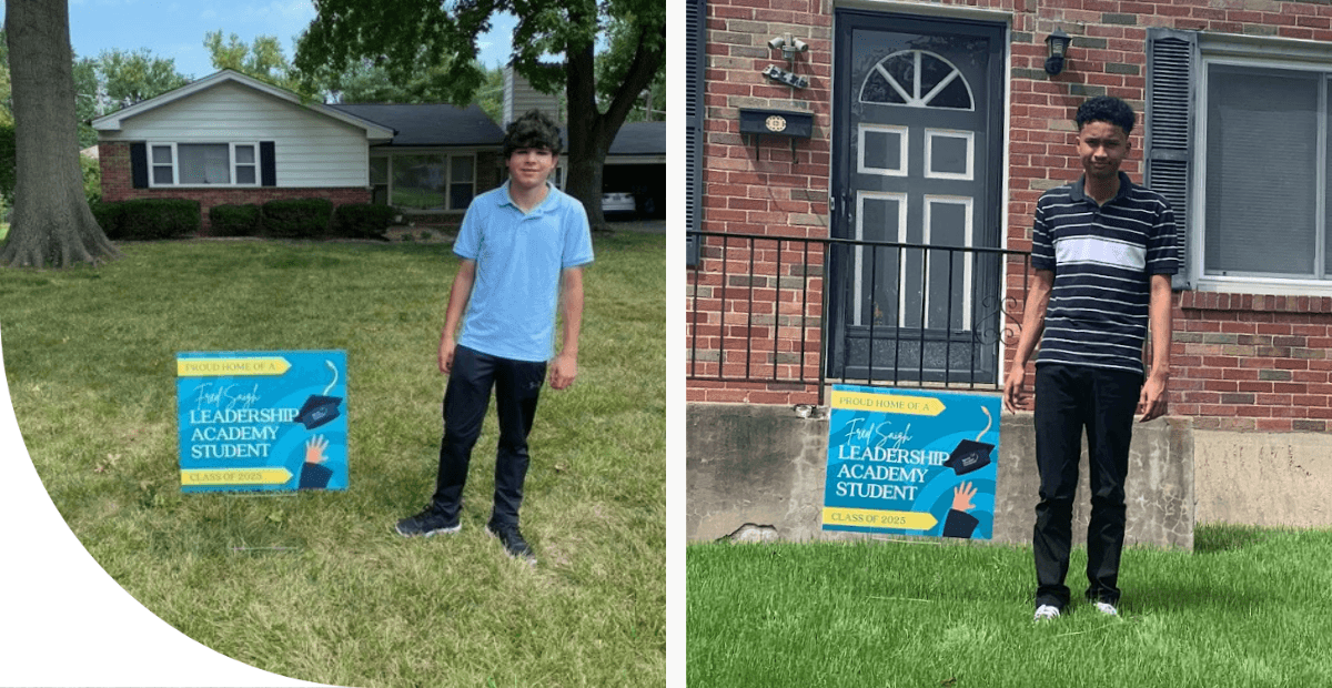 boys standing in front of their homes with a yard sign