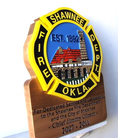 QP-1240 - Carved Retirement Wall Plaque of  the Emblem/Badge of a Fire Department, Shawnee, Oklahoma, Artist Painted on Cedar Wood