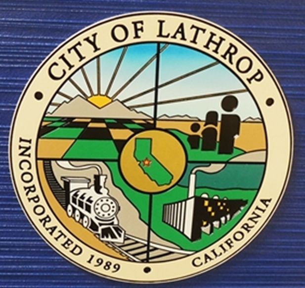 DP-1590 - Carved Plaque of the Seal of the City of Lathrop, California,  Artist Painted