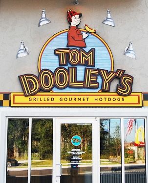 Q25801B - Carved, Wood Look HDU Sign for Tom Dooley's Restaurant" "Grilled Gormet Hotdogs"