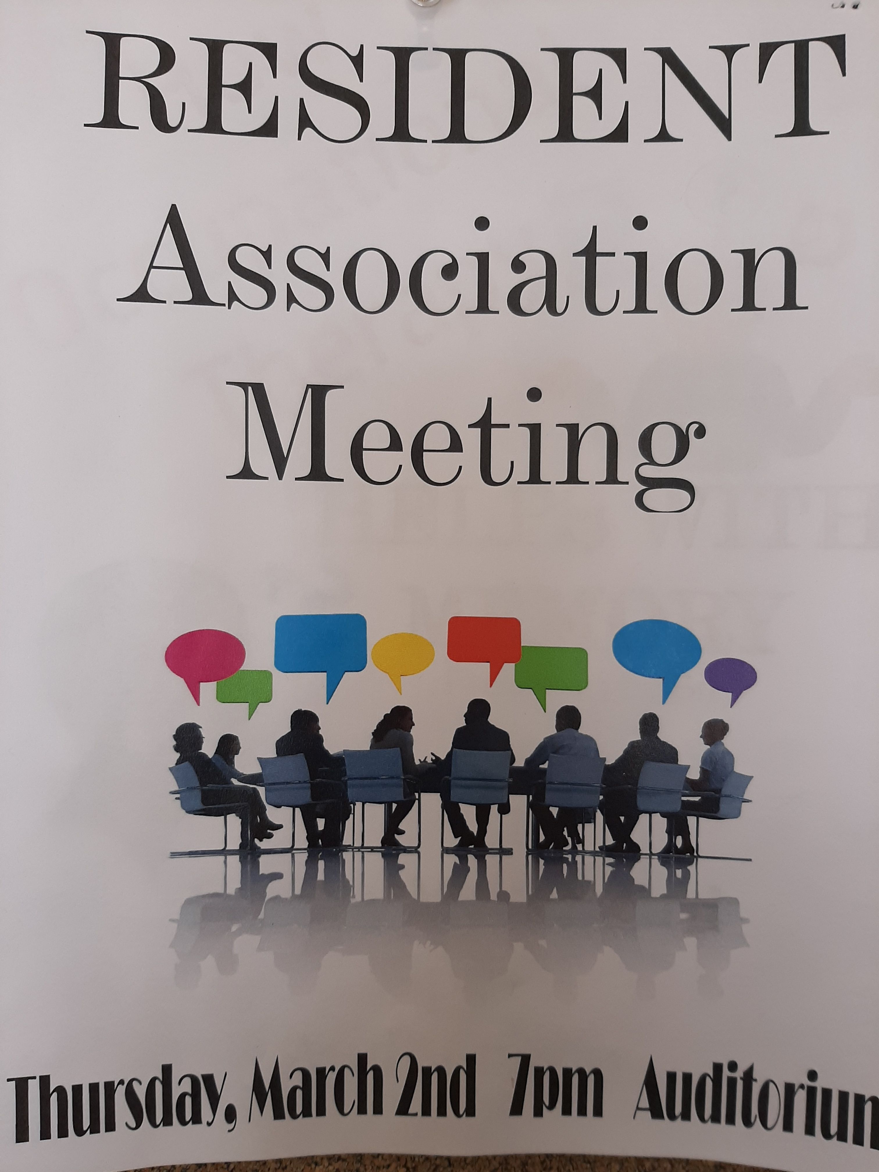 Flyer for March Residents' Association Meeting, March 2 at 7 pm