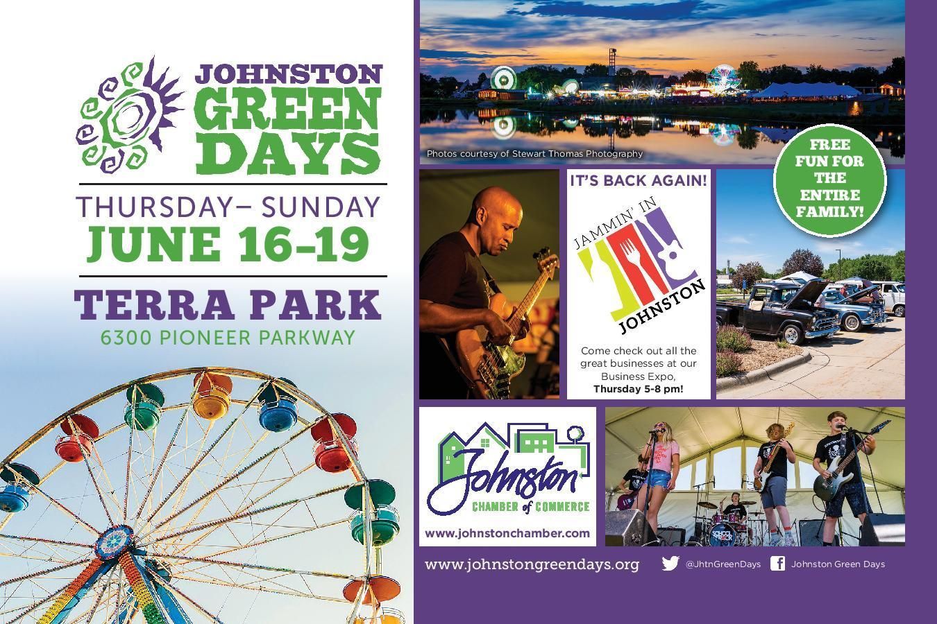 Image displaying information about Johnston Green Days. Thursday- Sunday June 16-19 at Terra Park in Johnston! 