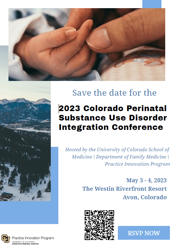 Flyer of 2023 colorado perinatal substance use disorder integration conference in Avon, Colorado