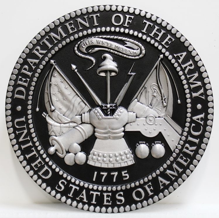 MP-1060 - Carved Plaque of the  Seal of the US Army (USA), 3-D, Painted with Metallic Silver with Hand-Rubbed Black